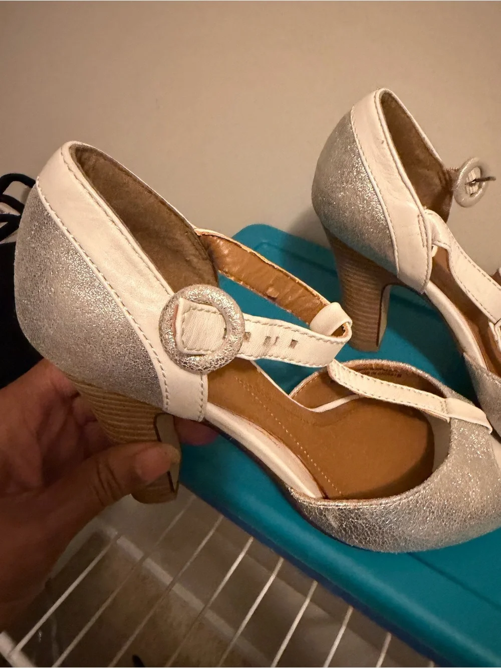 White and Silver T-Strap Mid Heel Pumps